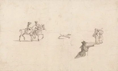 Jinetes, figuras y un perro