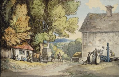 Un verde de aldea: un carruaje detenido bajo un árbol, con un hombre en el cepo y un grupo de espectadores