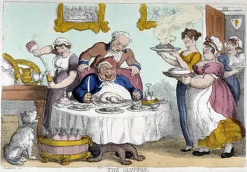 Burgués frente a una comida abundante servida por muchos sirvientes - caricatura de Rowlandson