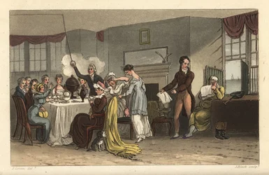 Sala de desayunos del Old Bell Inn, Scarborough. Huéspedes bebiendo café, leyendo periódicos, desayunando en una sala de la Regencia. Grabado en cobre coloreado a mano por Thomas Rowlandson, aguafuerte por J. Bluck, basado en un boceto de J. Green de Poeti