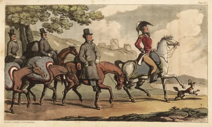Capitán Johnny Newcome y sus sirvientes con caballos de carga en el camino a Santarém, Portugal, para regresar a la Campaña Peninsular