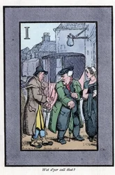 Hackney quejándose a los pasajeros por las pequeñas propinas (1819). Grabado en madera, basado en una pintura de Thomas Rowlandson (1756-1827), publicado en The Cris of London: con seis encantadores niños y casi 40 ilustraciones, por Andrew Tuer, Field and