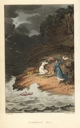Bahía de Cornelian: Mujeres de la Regencia en un picnic sorprendidas por una tormenta repentina. Grabado en cobre coloreado a mano por Thomas Rowlandson, aguafuerte por J.C. Stadler, después de un boceto de J. Green de Poetical Sketches of Scarborough, Ack