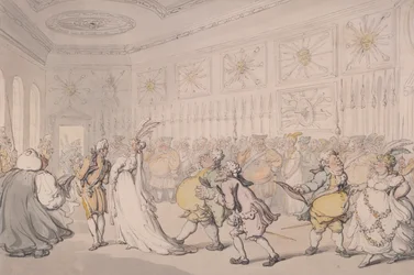 Cortesanos pasando por la Cámara de Guardia, Palacio de St James, Londres, c. 1808