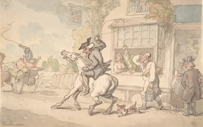 El Dr. Syntax con un caballo terco frente a una posada, siglo XVIII-XIX
