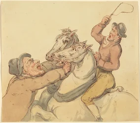 Arrieros con un par de caballos encabritados