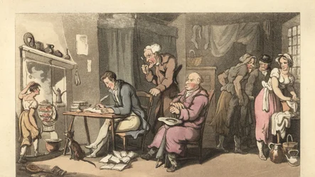 Caballero inglés escribiendo una carta de súplica en un salón decrépito