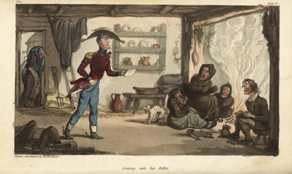 Alférez Johnny Newcome llegando a su boleto de Subalternter en Portugal, una choza con mendigos sucios. Grabado en cobre coloreado a mano dibujado y grabado por Thomas Rowlandson del libro Las aventuras militares de Johnny Newcome, de Martin, Londres