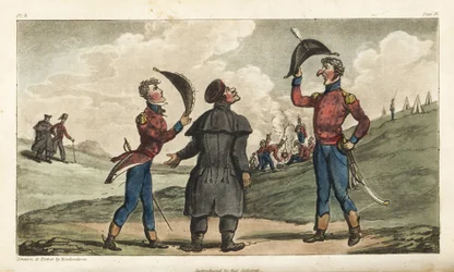 El alférez Johnny Newcome presentado al coronel de su regimiento antes de la Batalla de Salamanca. Ilustración de Thomas Rowlandson de Las aventuras militares de Johnny Newcome, Martin, Londres