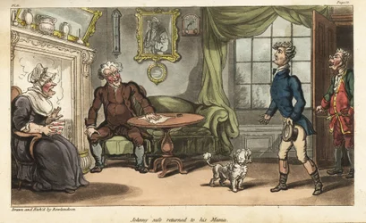 El alférez Johnny Newcome regresa a Inglaterra con licencia por enfermedad de la Campaña Peninsular. Grabado en cobre coloreado a mano dibujado y grabado por Thomas Rowlandson del libro Las aventuras militares de Johnny Newcome, de David Roberts