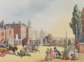 Entrada del peaje de Tottenham Court Road con vista a la capilla de St. James, grabado por Heinrich Joseph Schutz (1760-1822), pub. 1809