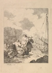 Pescadores en la orilla - Escena costera con un hombre sentado en las rocas y fumando una pipa, Nex..., 1786