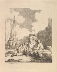 Pescadores en la orilla - Escena costera con un hombre sentado en el suelo descansando un codo..., 1786