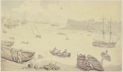 Río con muchos barcos y un astillero