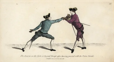 Esgrimista caballero desarmando a su oponente en la Carte o Segundo Golpe, después de parar con la Prime Parade. Grabado en cobre coloreado a mano según una ilustración de Thomas Rowlandson del libro La escuela de esgrima de Mr. Domenico Angelo, Londres