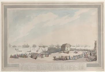 «La gloriosa derrota de la Armada holandesa, 10 de octubre de 1797», de los almirantes Lord Duncan y Sir Richard Onslow, con una vista dibujada in situ de los seis buques de línea holandeses capturados y conducidos a Yarmouth