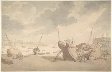 Escena del puerto con la marea baja y barcos varados