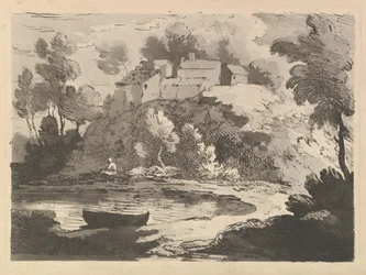 Paisaje de río montañoso, un bote en el agua en primer plano a la izquierda, una figura en la orilla lejana (detalle)
