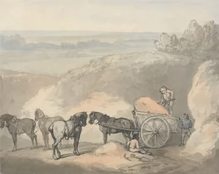 Caballos y una carreta en una cantera de arena
