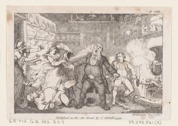 La anfitriona descarga una sartén de sangre en la cara del párroco Andrews, de Las Aventuras de..., 1792
