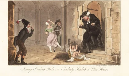 James Gordon, un borracho notorio de Cambridge, dejando un bebé como broma frente a la casa de un decano de la universidad. La travesura de Jemmy Gordon, o las travesuras de Cambridge en Peter House. Grabado a mano coloreado por Thomas Rowlandson de The En