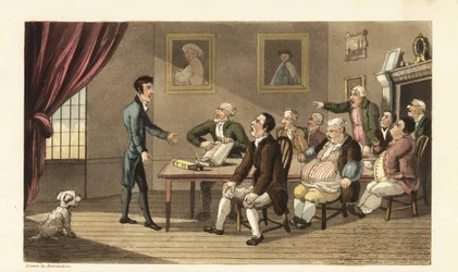 Johnny y sus acreedores. El pobre caballero enfrenta a una sala llena de comerciantes y tenderos exigiendo el pago de sus deudas. Grabado en cobre a mano coloreado por Thomas Rowlandson de The History of Johnny Quae Genus, the Little Foundling of the late 