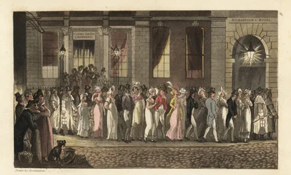 Johnny y otros juerguistas arrestados por el vigilante nocturno después de una fiesta de baile tumultuosa en Covent Garden Chambers. Ilustración de Thomas Rowlandson de La historia de Johnny Quae Genus, el pequeño encontrado del difunto Doctor Syntax