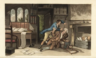 Johnny asaltando al abogado Gripe-all en su oficina después de ser engañado con 100 libras. Grabado en cobre coloreado a mano por Thomas Rowlandson del libro La historia de Johnny Quae Genus, el pequeño expósito del difunto Doctor Syntax, de William Combe