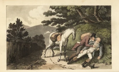 Johnny asistiendo a un viajero que ha sido arrojado de su caballo. Grabado en cobre a mano coloreado por Thomas Rowlandson de The History of Johnny Quae Genus, the Little Foundling of the late Doctor Syntax de William Combe