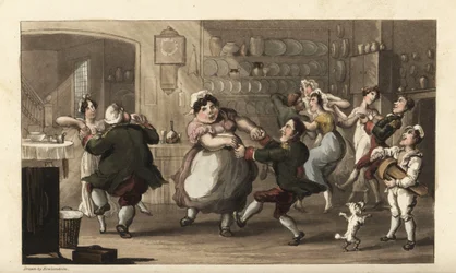 Johnny bailando en una fiesta secreta con otros sirvientes en la cocina. Cocinero, cochero, criada y lacayo disfrutando de la comida y el vino del amo. Grabado en cobre a mano coloreado por Thomas Rowlandson de The History of Johnny Quae Genus, the Little 