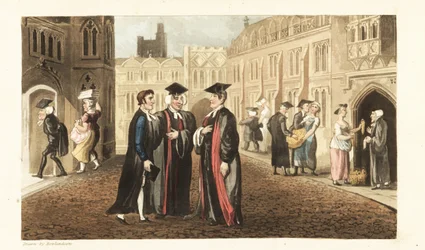 Johnny en túnicas hablando con Dons en la Universidad de Oxford, mientras otros académicos y estudiantes compran maíz a los tenderos y molestan a las criadas. Grabado en cobre coloreado a mano por Thomas Rowlandson del libro La historia de Johnny Quae Genu