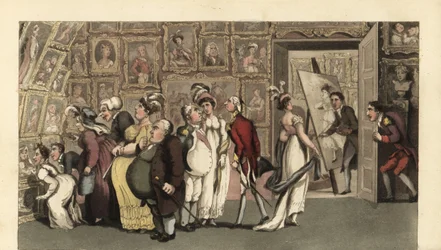 Johnny al servicio del pintor de retratos Carmine en su galería. Cuando está solo, Johnny desfigura los retratos con tiza y causa un alboroto. Grabado en cobre coloreado a mano por Thomas Rowlandson del libro La historia de Johnny Quae Genus, el pequeño ex