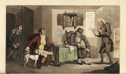 Johnny al servicio de Jacob Levi, el prestamista. Ilustración de Thomas Rowlandson de La historia de Johnny Quae Genus, el pequeño encontrado del difunto Doctor Syntax