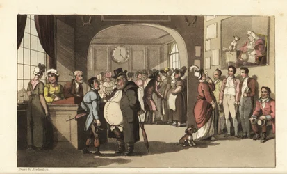 Johnny buscando trabajo en una oficina de registro para sirvientes domésticos. Hombres y mujeres con monóculos examinando porteros, criadas y otros empleados. Ilustración de Thomas Rowlandson de La historia de Johnny Quae Genus, el pequeño encontrado del d