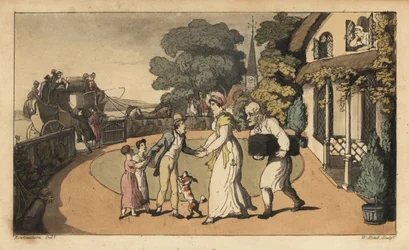 Johnny despidiéndose de su madre y hermanas al partir hacia la Marina Real en una diligencia. Grabado en cobre coloreado a mano por W. Read después de una ilustración de Thomas Rowlandson del libro Las aventuras de Johnny Newcombe en la Marina, de Alfred B