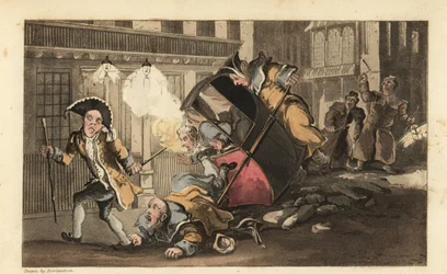 Johnny arrojado de una silla de manos cuando los porteadores chocan contra un montón de piedras en la calle. Llega un vigilante nocturno con linternas y matracas. Grabado en cobre coloreado a mano por Thomas Rowlandson de 