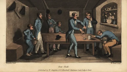 Johnny vomita en un cubo en la cabina mientras su barco zarpa. Otro oficial propone un remedio de agua salada y un trozo de cerdo salado en una cuerda. Grabado en cobre coloreado a mano por W. Read después de una ilustración de Thomas Rowlandson del libro 