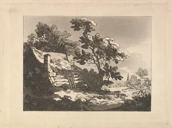 Paisaje con una casita entre los árboles a la izquierda y el campanario de una iglesia a lo lejos a la derecha