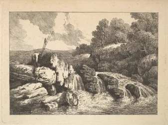 Paisaje con dos pescadores escalando rocas junto a una cascada, 1784-88