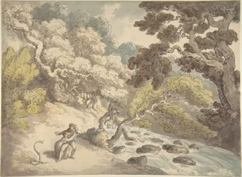 Paisaje con un arroyo caudaloso y una pareja en la orilla, asustada por una serpiente