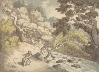 Paisaje con arroyo caudaloso y una pareja en la orilla, asustada por una serpiente, 1775-1827