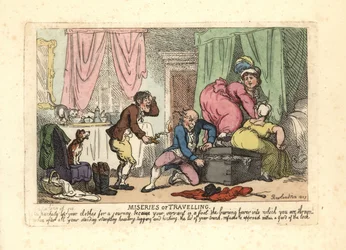 Hombre y dos mujeres tratando de cerrar un baúl lleno