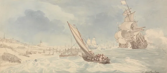 Buques de guerra y veleros cerca de la costa