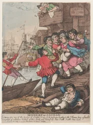 Las miserias de Londres: Al cruzar cualquiera de los puentes de Londres o cualquiera de los pasajes que conducen al Támesis, uno se ve asaltado por un grupo [sic] de barqueros que alzan las manos y gritan: «Remos. Remos. Remos. Remos».