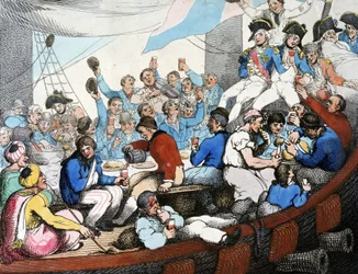 Guerras Napoleónicas, Campaña (Expedición) de Egipto (1798-1801): El almirante Horatio Nelson (1758-1805) celebra con sus tropas su gloriosa victoria en la batalla del Nilo (batalla de Aboukir) (agosto de 1798), a bordo de su barco