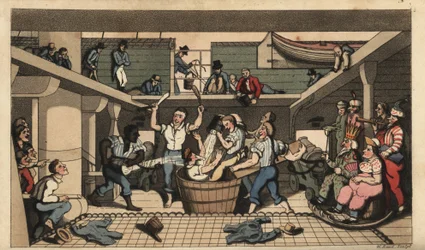 Rito naval de paso: Cruzando la Línea. Johnny es sumergido en un baño de agua de sentina cuando cruza el ecuador por primera vez. Los marineros están vestidos como los dioses del mar Neptuno, Anfitrite y Tritón. Grabado en cobre coloreado a mano por W. Rea