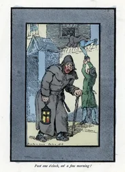 Vigilante nocturno con su linterna y bastón, desatento a dos ladrones que entran en una casa detrás de él (1819). Grabado en madera, basado en una pintura de Thomas Rowlandson (1756-1827), publicado en The Cries of London: con seis encantadores niños y cas