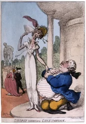 Hombre obeso cortejando a un tuberculoso: hidropesía y tisis, principios del siglo XIX (caricatura)