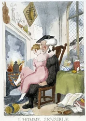 Anciano (eclesiástico) manoseando a una joven sentada en sus rodillas - caricatura de Rowlandson