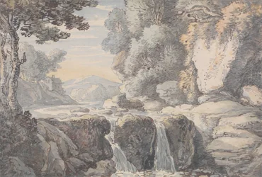 Paisaje fluvial con una cascada